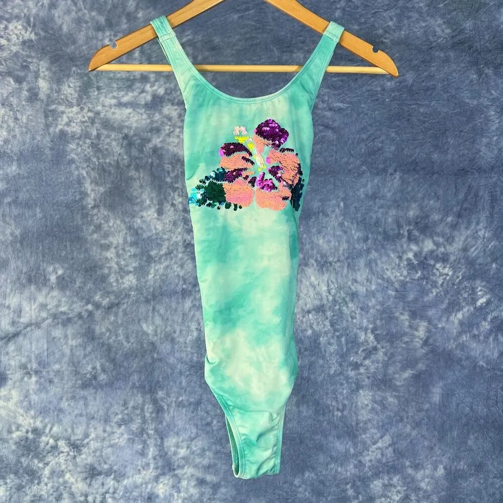 Lands’ End Girls Youth One Piece Swimming Suits Sz 12 Teal Sequins EUC